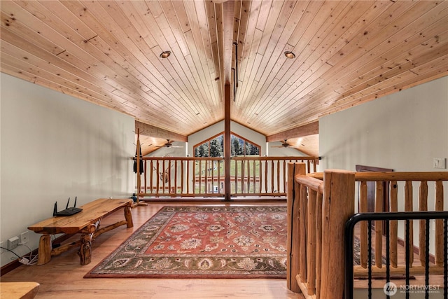 sitting room featuring a ceiling fan, wood finished floors, vaulted ceiling, and wood ceiling