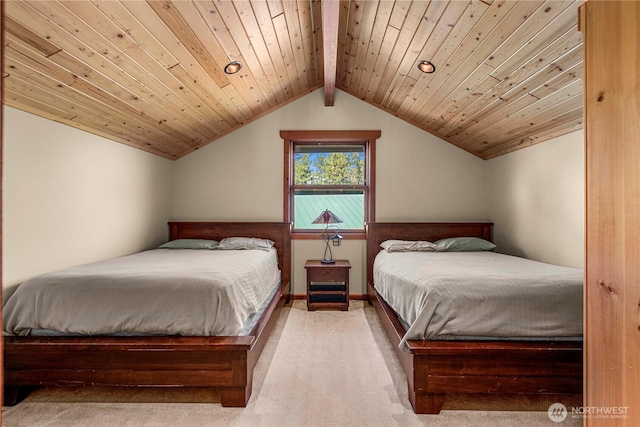 carpeted bedroom featuring wood ceiling
