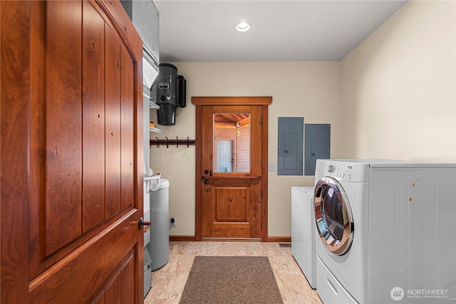 laundry room with electric panel, washing machine and dryer, baseboards, recessed lighting, and water heater