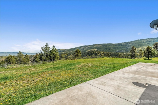 view of green lawn featuring a patio area and a mountain view