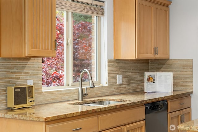 3834 175th Ave NE Unit 209, Redmond, WA 98052 - kitchen featuring light stone counters, a sink, light brown cabinets, dishwasher, and backsplash