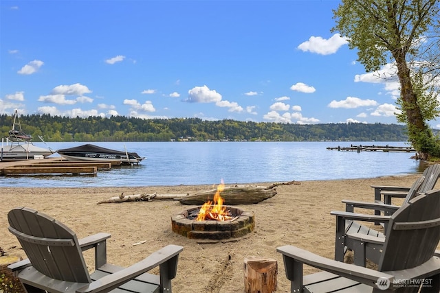 3834 175th Ave NE Unit 209, Redmond, WA 98052 - property view of water with a floating dock, an outdoor fire pit, and a wooded view