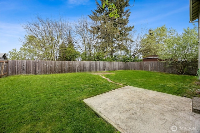 view of yard featuring a fenced backyard and a patio area