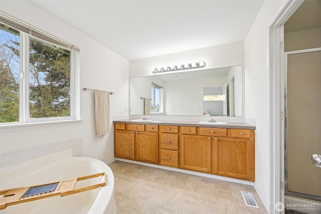 bathroom with visible vents, a healthy amount of sunlight, a sink, and a bath