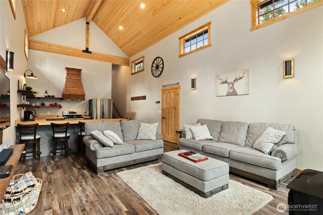 living room with recessed lighting, wood ceiling, a high ceiling, and dark wood-style floors