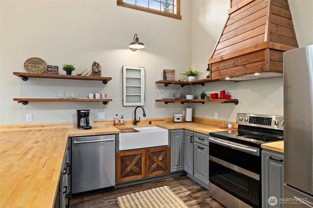 kitchen with wooden counters, open shelves, a sink, gray cabinetry, and stainless steel appliances