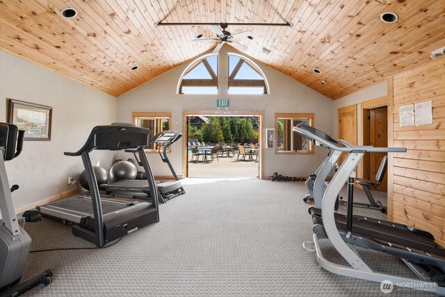 exercise room featuring carpet floors, a ceiling fan, high vaulted ceiling, and baseboards