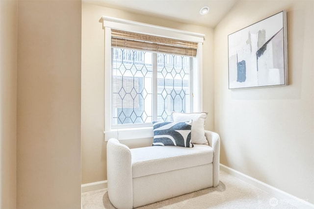 sitting room with carpet flooring and baseboards