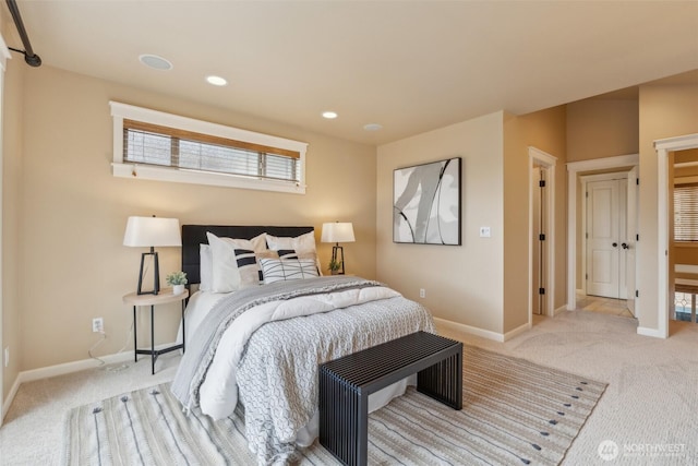 bedroom featuring recessed lighting, baseboards, and carpet