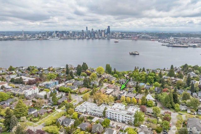 aerial view featuring a water view