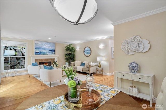 1823 Richards Rd, Bellevue, WA 98005 - living area with ornamental molding, wood finished floors, and a premium fireplace