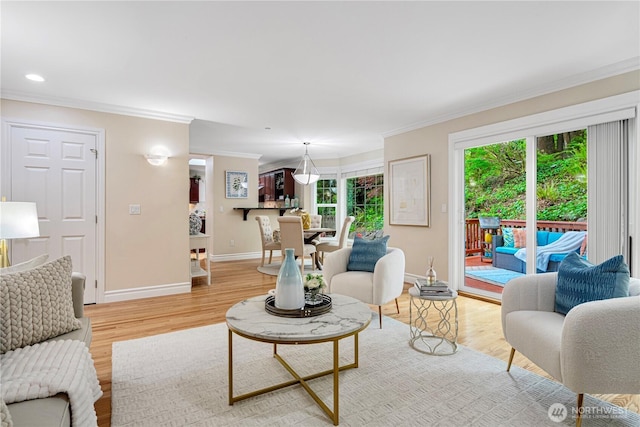 1823 Richards Rd, Bellevue, WA 98005 - living room featuring crown molding, recessed lighting, baseboards, and light wood finished floors