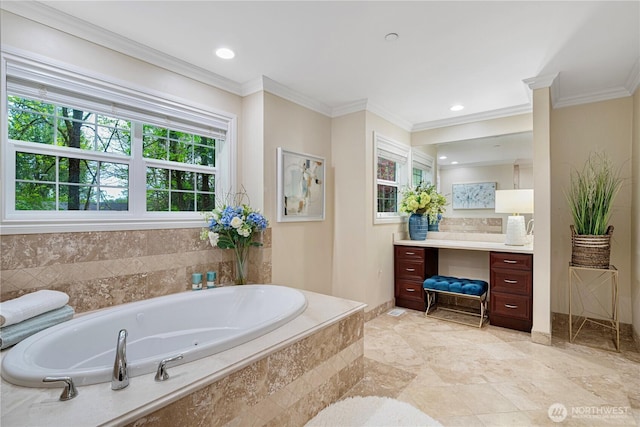 1823 Richards Rd, Bellevue, WA 98005 - bathroom featuring vanity, crown molding, baseboards, a tub with jets, and recessed lighting