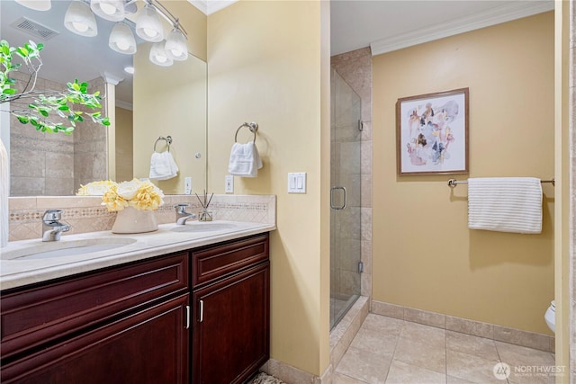 1823 Richards Rd, Bellevue, WA 98005 - bathroom featuring a shower stall, visible vents, ornamental molding, and a sink