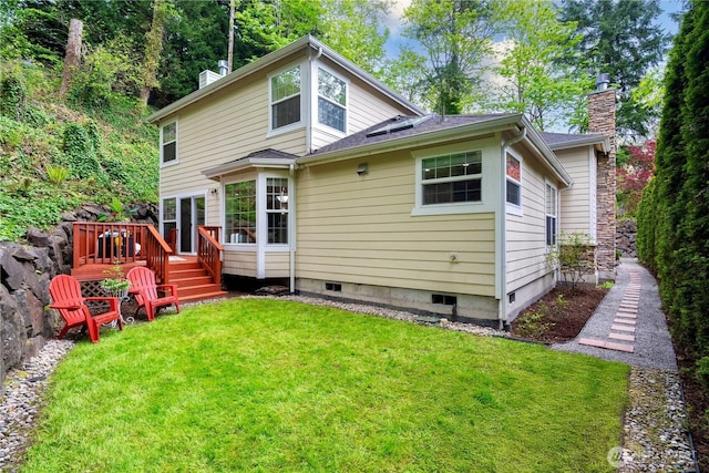 1823 Richards Rd, Bellevue, WA 98005 - rear view of house with a lawn, a chimney, a deck, and crawl space