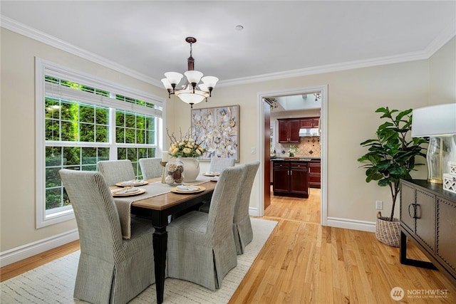 1823 Richards Rd, Bellevue, WA 98005 - dining room with crown molding, light wood finished floors, baseboards, and a chandelier