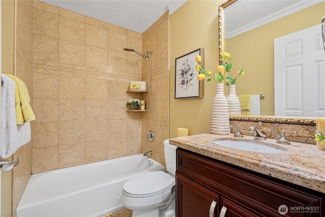 1823 Richards Rd, Bellevue, WA 98005 - bathroom featuring vanity, ornamental molding, toilet, and shower / washtub combination