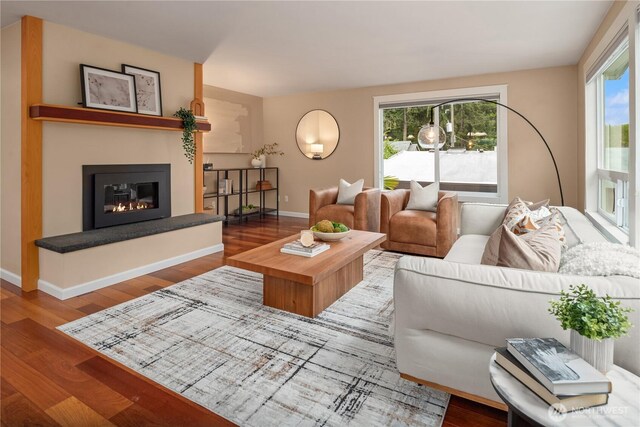 living area featuring baseboards, plenty of natural light, and wood finished floors
