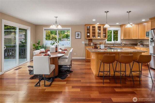kitchen with plenty of natural light, wood finished floors, a kitchen island, and stainless steel appliances