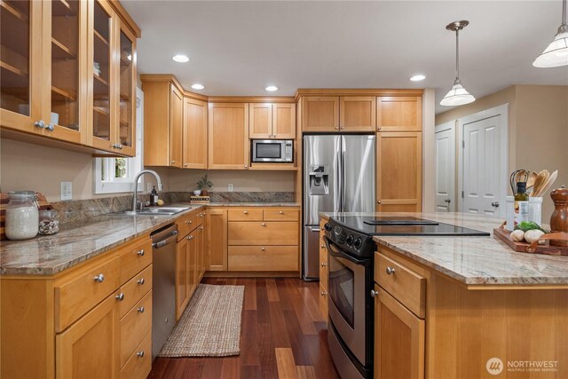kitchen featuring light stone counters, a sink, dark wood finished floors, stainless steel appliances, and glass insert cabinets