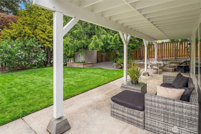 view of patio / terrace featuring a fenced backyard and outdoor lounge area