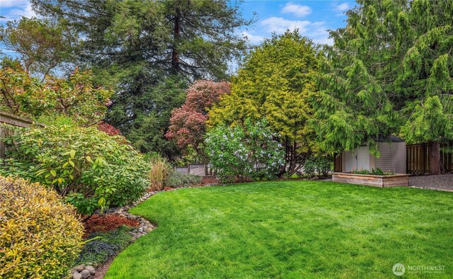 view of yard with a storage shed, fence, and an outdoor structure