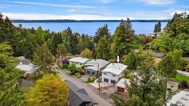 bird's eye view featuring a residential view and a water view