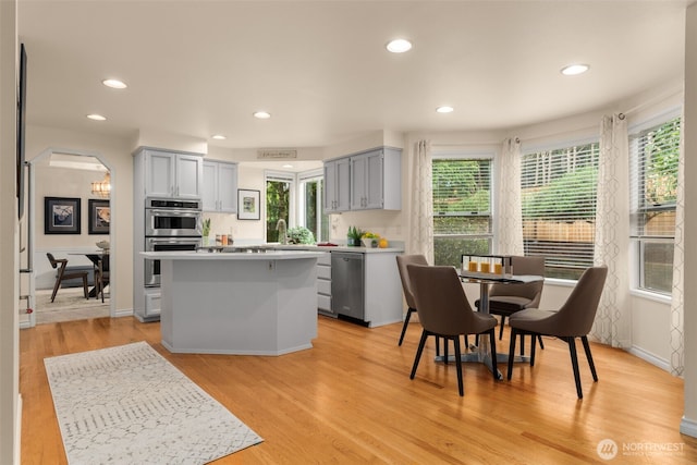 kitchen with gray cabinets, appliances with stainless steel finishes, a healthy amount of sunlight, and a center island