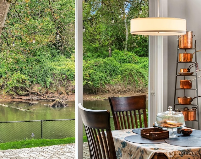 interior space featuring a water view