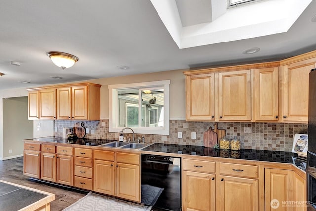kitchen featuring a sink, dishwasher, light brown cabinets, light wood finished floors, and decorative backsplash