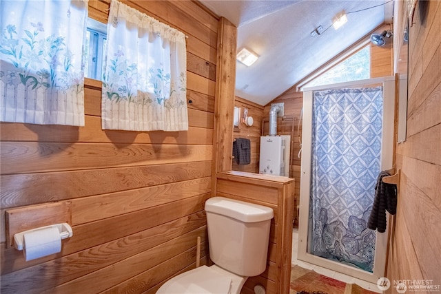 81 N Fawn Dr, Hoodsport, WA 98548 - full bathroom with vaulted ceiling, wood walls, toilet, and a shower with shower curtain