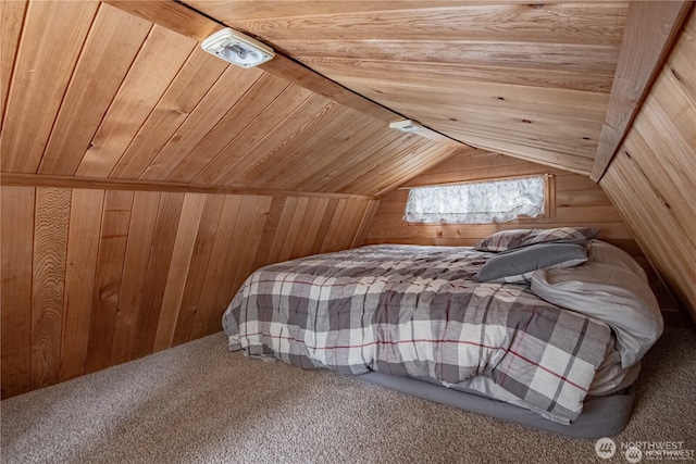 81 N Fawn Dr, Hoodsport, WA 98548 - carpeted bedroom featuring wood ceiling, lofted ceiling, and wooden walls