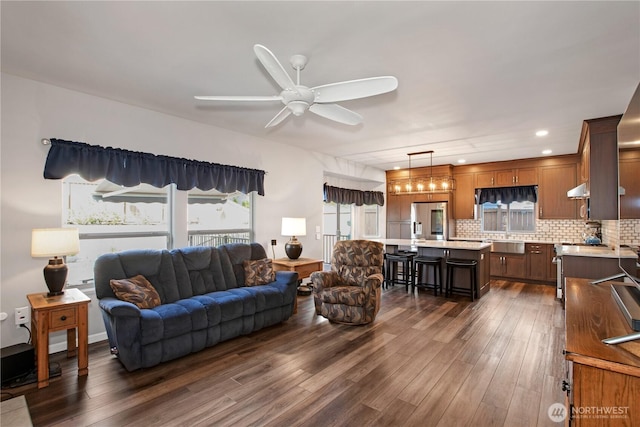 11234 SE 299th Pl, Auburn, WA 98092 - living area with ceiling fan, dark wood-type flooring, and recessed lighting
