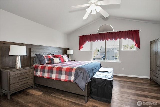 11234 SE 299th Pl, Auburn, WA 98092 - bedroom featuring baseboards, vaulted ceiling, a ceiling fan, and wood finished floors