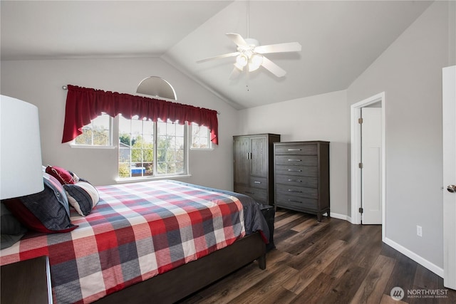 11234 SE 299th Pl, Auburn, WA 98092 - bedroom featuring ceiling fan, lofted ceiling, baseboards, and dark wood finished floors