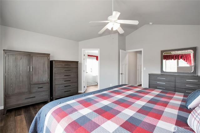 11234 SE 299th Pl, Auburn, WA 98092 - bedroom with connected bathroom, a ceiling fan, dark wood finished floors, baseboards, and lofted ceiling