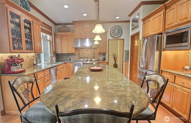 2116 263rd Pl SE, Sammamish, WA 98075 - kitchen featuring appliances with stainless steel finishes, a sink, light wood-style flooring, under cabinet range hood, and ornamental molding
