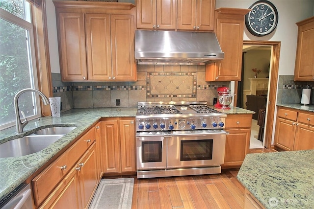 2116 263rd Pl SE, Sammamish, WA 98075 - kitchen with decorative backsplash, appliances with stainless steel finishes, a sink, under cabinet range hood, and light wood-style flooring