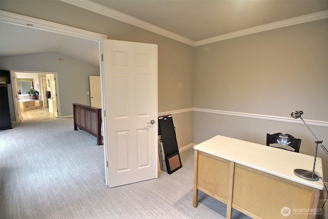 2116 263rd Pl SE, Sammamish, WA 98075 - home office featuring baseboards, ornamental molding, lofted ceiling, and light carpet