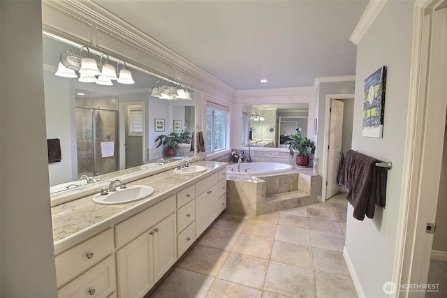 2116 263rd Pl SE, Sammamish, WA 98075 - bathroom featuring a sink, a bath, a stall shower, and ornamental molding