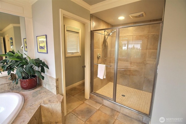 2116 263rd Pl SE, Sammamish, WA 98075 - bathroom featuring ornamental molding, baseboards, a bath, tile patterned floors, and a shower stall