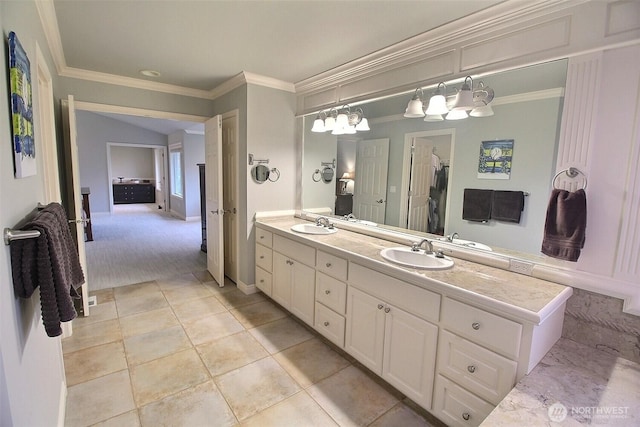 2116 263rd Pl SE, Sammamish, WA 98075 - bathroom with double vanity, a sink, tile patterned flooring, and ornamental molding