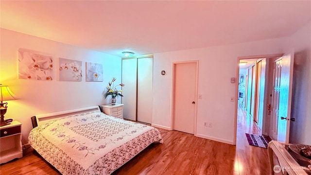 bedroom with baseboards, wood finished floors, and a closet