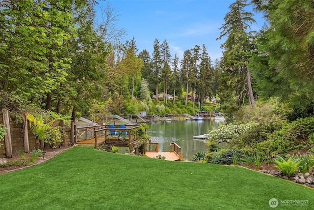 view of yard with a water view and a dock