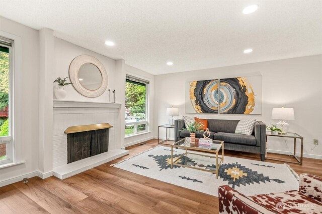 living room featuring recessed lighting, wood finished floors, a healthy amount of sunlight, and a fireplace