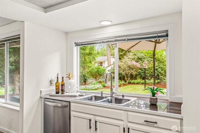 bar with a sink and stainless steel dishwasher