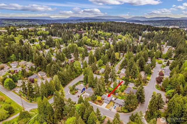 drone / aerial view with a mountain view and a wooded view