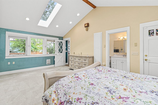 bedroom with visible vents, a skylight, carpet floors, beamed ceiling, and recessed lighting
