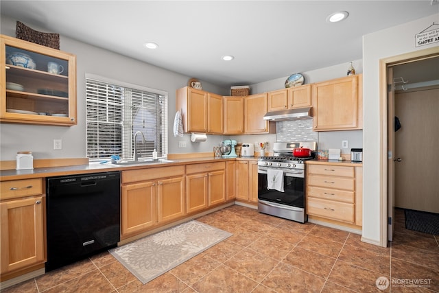 1810 Johnson Ave, Dupont, WA 98327 - kitchen with light brown cabinets, stainless steel gas range oven, under cabinet range hood, a sink, and dishwasher