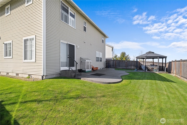 1810 Johnson Ave, Dupont, WA 98327 - rear view of house with a lawn, a patio, a fenced backyard, entry steps, and a gazebo